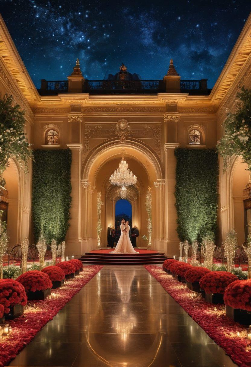 A glamorous gala scene at night, featuring elegantly dressed guests under a starlit sky, with a red carpet leading to a grand building adorned with sparkling lights. An awards podium shining with gold trophies, surrounded by floral arrangements and twinkling fairy lights. Capture the vibrant atmosphere of celebration and excitement. super-realistic. vibrant colors. night sky backdrop.