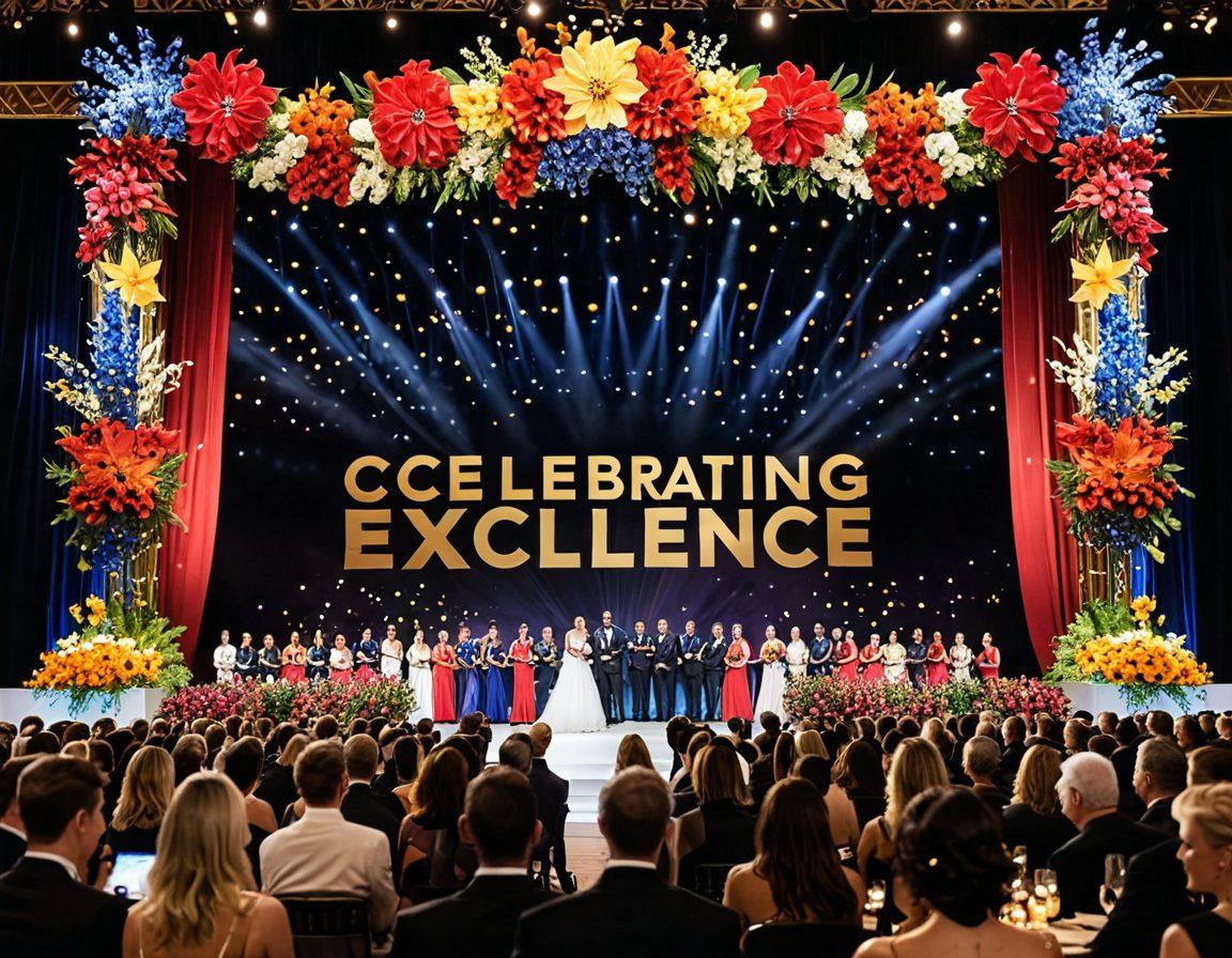 A grand gala scene showcasing elegant attendees dressed in formal wear, filled with joyful expressions as they await the announcement of award winners. Golden trophies shining prominently on a beautifully decorated stage, adorned with flowers and twinkling lights. A backdrop featuring the phrase 'Celebrating Excellence' in bold, dazzling typography. Capture the excitement and glamour of a prestigious awards ceremony. super-realistic. vibrant colors. 3D.