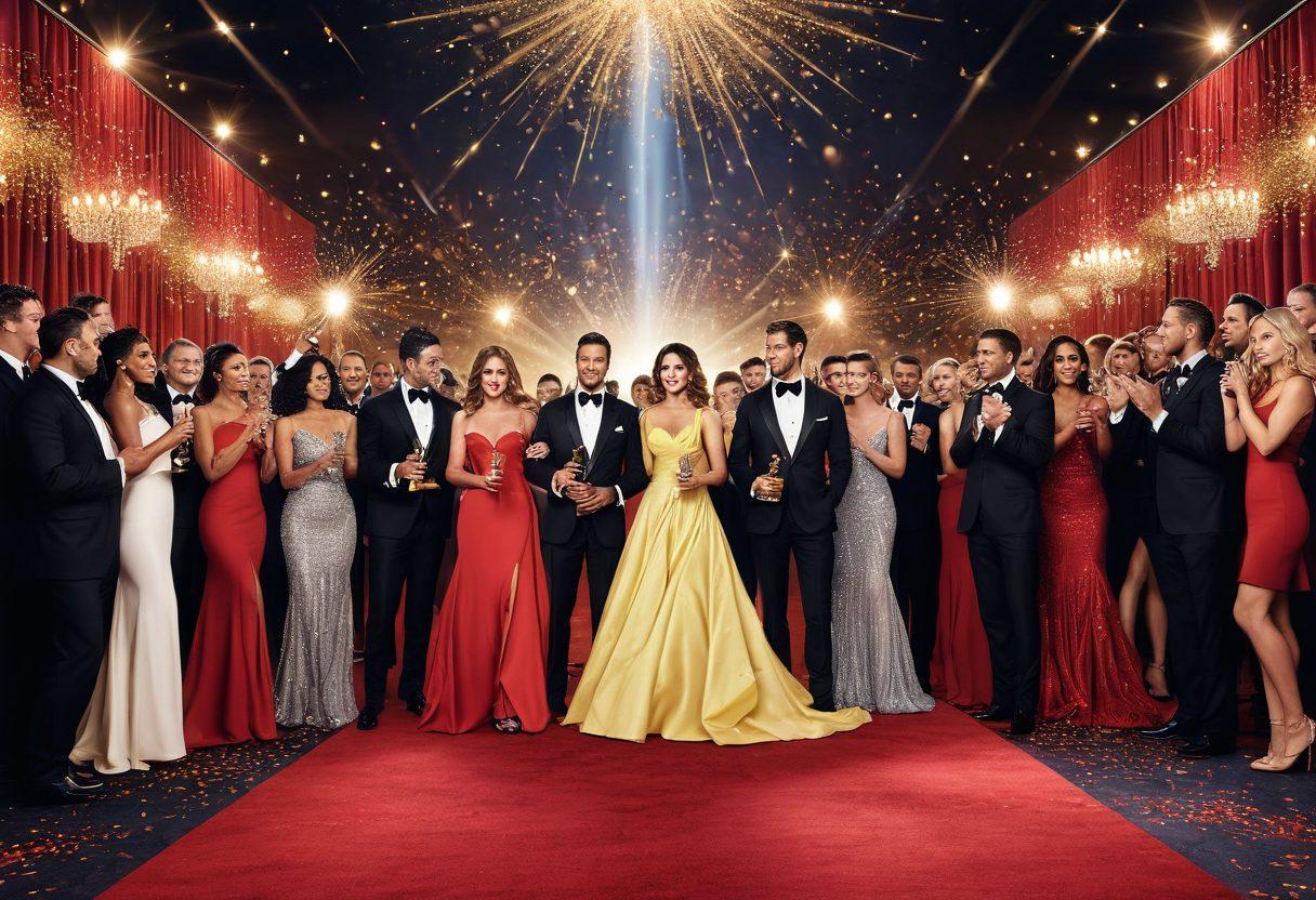 A glamorous red carpet scene showcasing a diverse group of elegant stars in stunning outfits, each holding their awards. The backdrop features sparkling lights and a cheering crowd, embodying the excitement of the event. The atmosphere should radiate a sense of celebration and grandeur, with confetti gently falling around. super-realistic. vibrant colors. cinematic lighting.